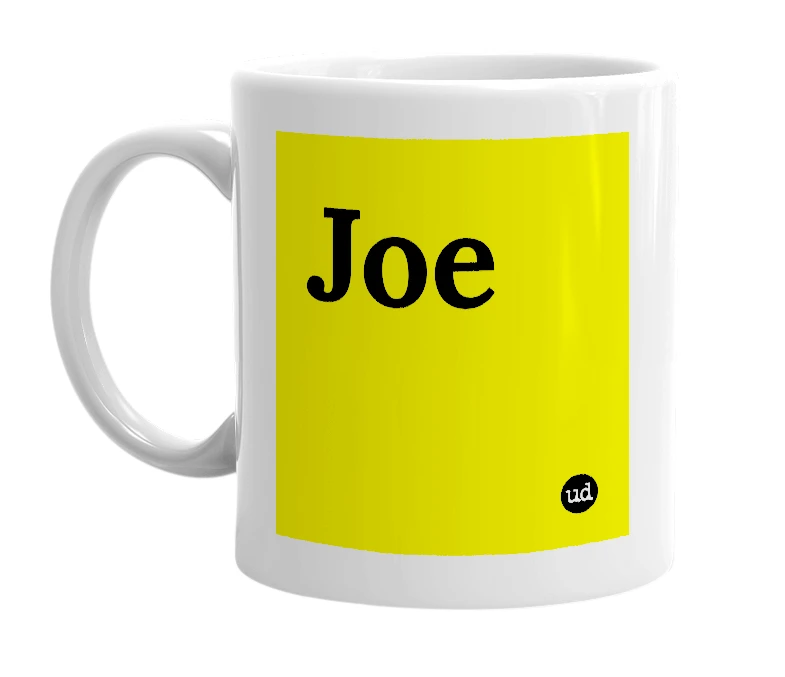 White mug with 'Joe' in bold black letters