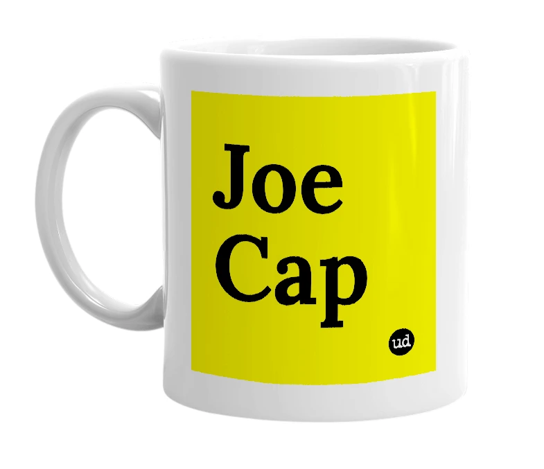 White mug with 'Joe Cap' in bold black letters