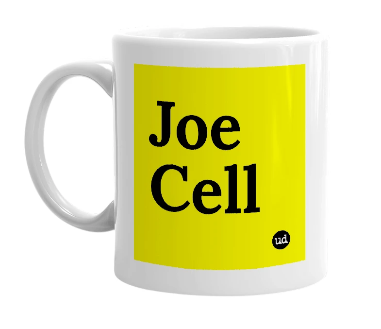 White mug with 'Joe Cell' in bold black letters