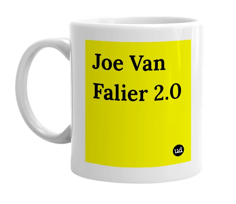 White mug with 'Joe Van Falier 2.0' in bold black letters