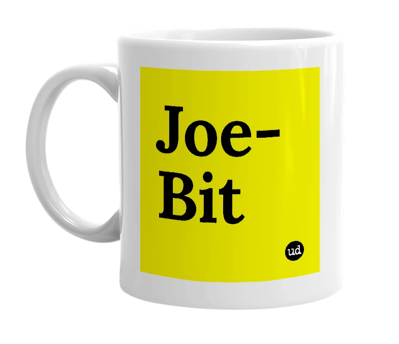 White mug with 'Joe-Bit' in bold black letters