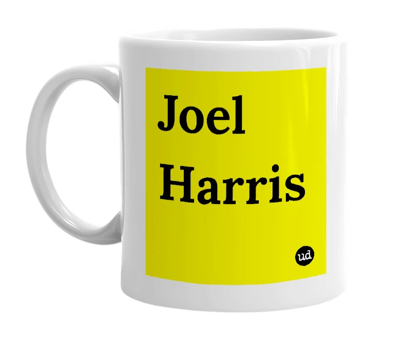 White mug with 'Joel Harris' in bold black letters