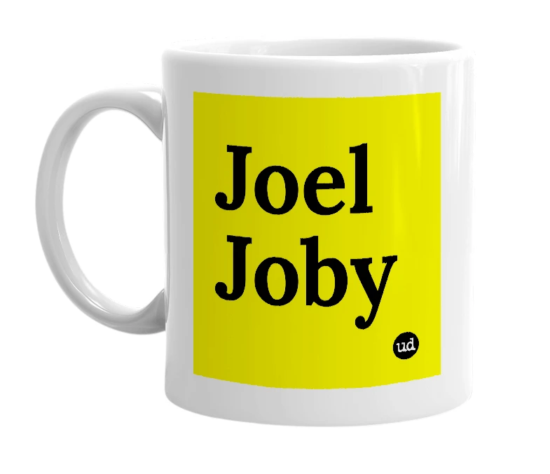 White mug with 'Joel Joby' in bold black letters