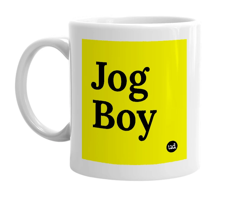 White mug with 'Jog Boy' in bold black letters