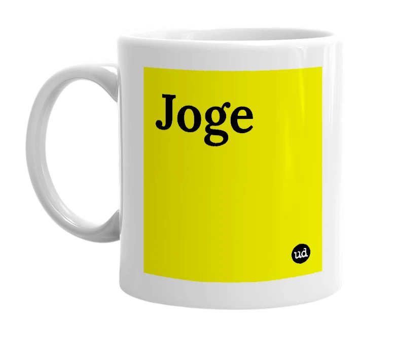 White mug with 'Joge' in bold black letters