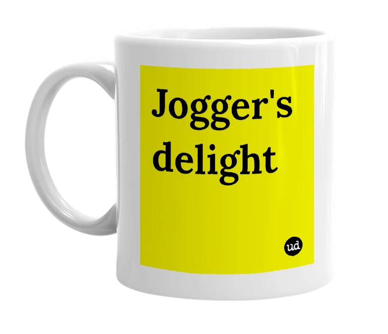 White mug with 'Jogger's delight' in bold black letters