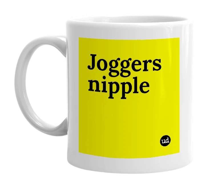 White mug with 'Joggers nipple' in bold black letters