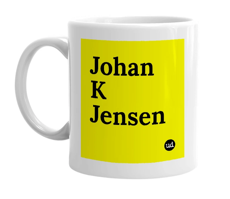 White mug with 'Johan K Jensen' in bold black letters