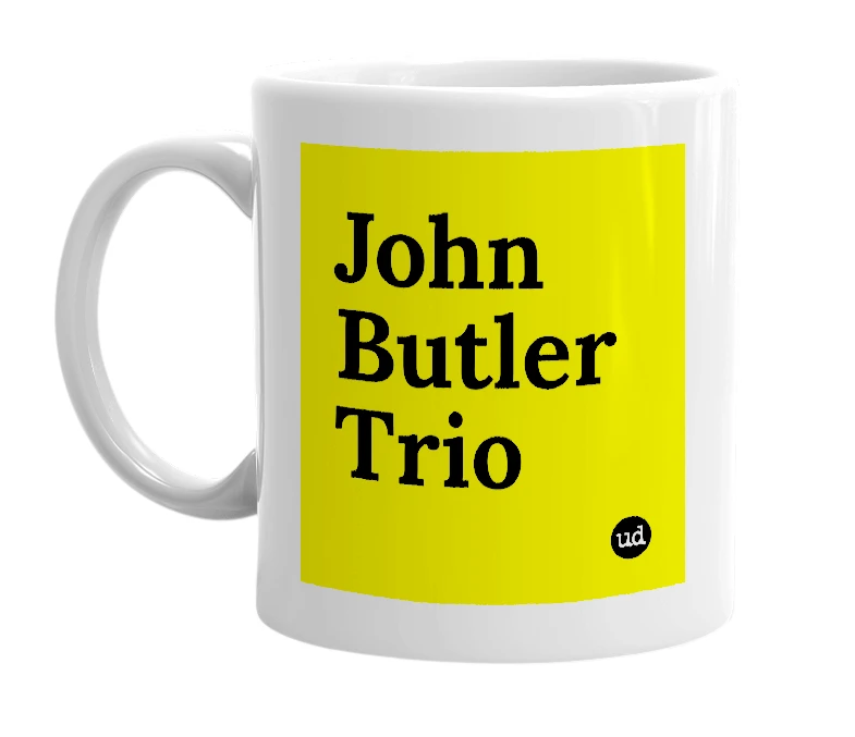 White mug with 'John Butler Trio' in bold black letters