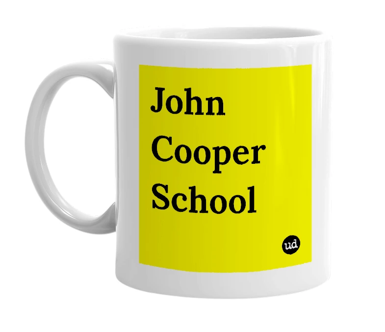 White mug with 'John Cooper School' in bold black letters