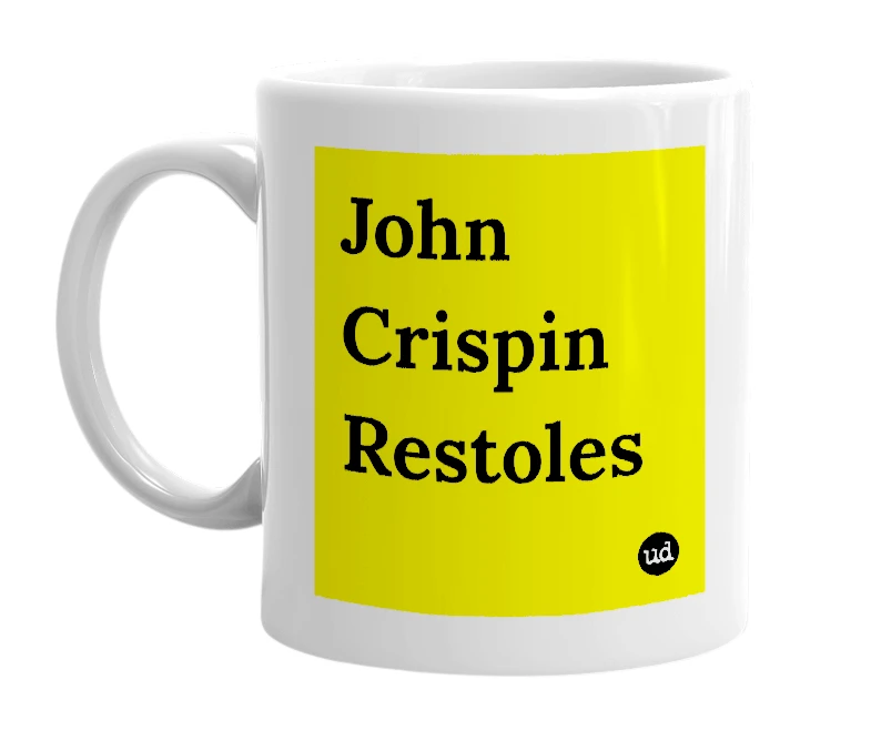 White mug with 'John Crispin Restoles' in bold black letters