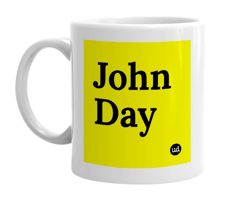 White mug with 'John Day' in bold black letters