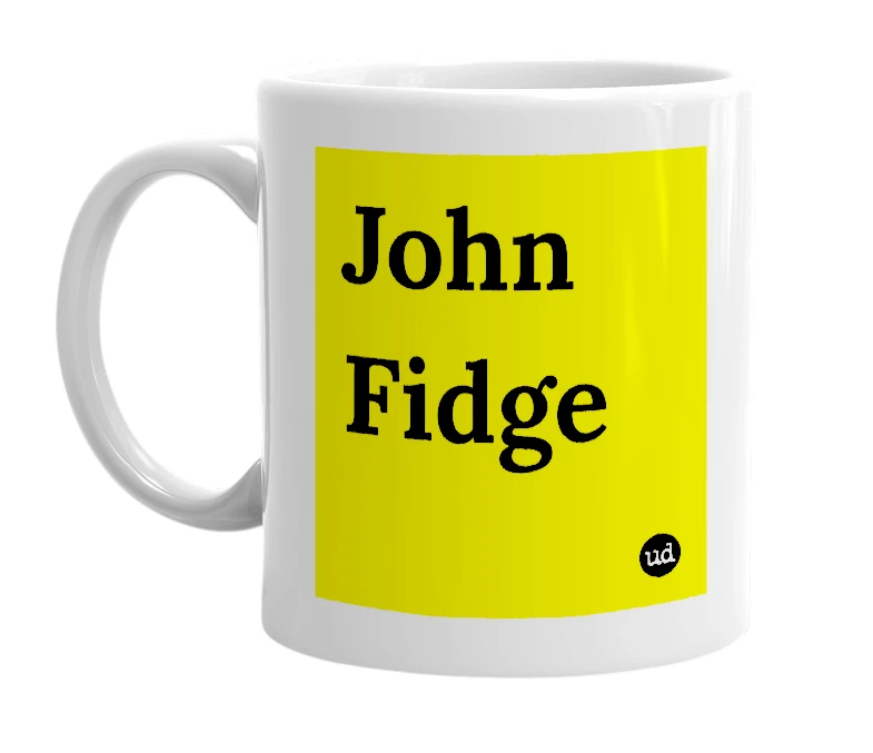 White mug with 'John Fidge' in bold black letters