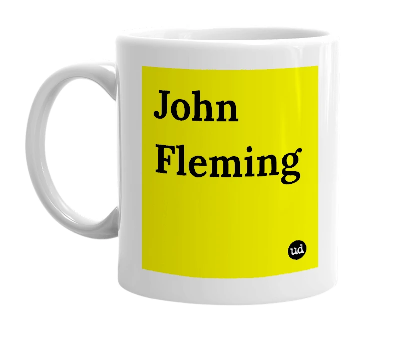 White mug with 'John Fleming' in bold black letters