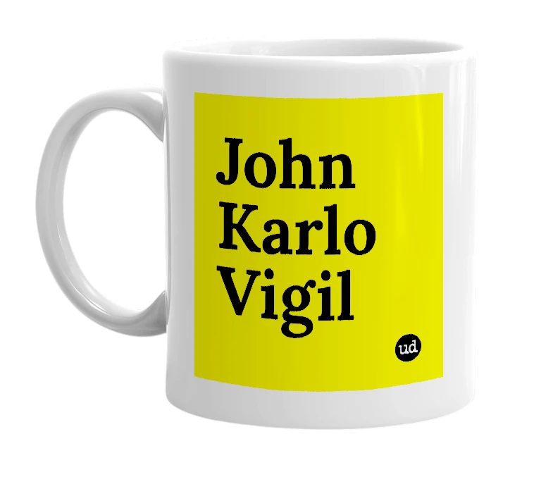 White mug with 'John Karlo Vigil' in bold black letters