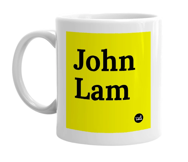 White mug with 'John Lam' in bold black letters