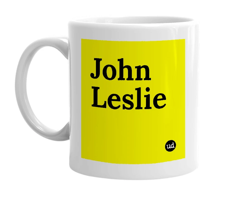 White mug with 'John Leslie' in bold black letters