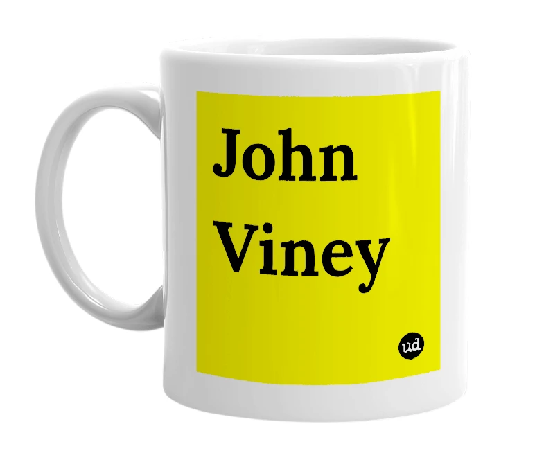 White mug with 'John Viney' in bold black letters