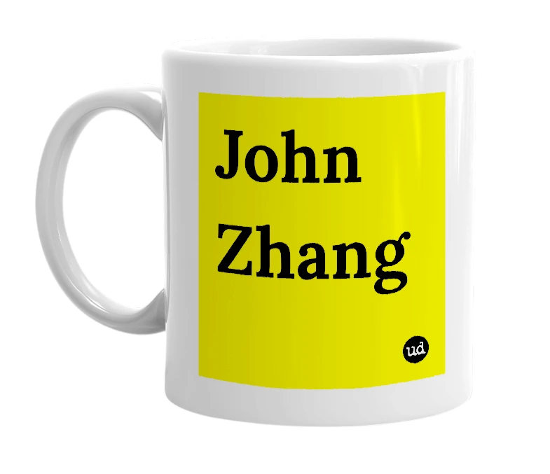 White mug with 'John Zhang' in bold black letters