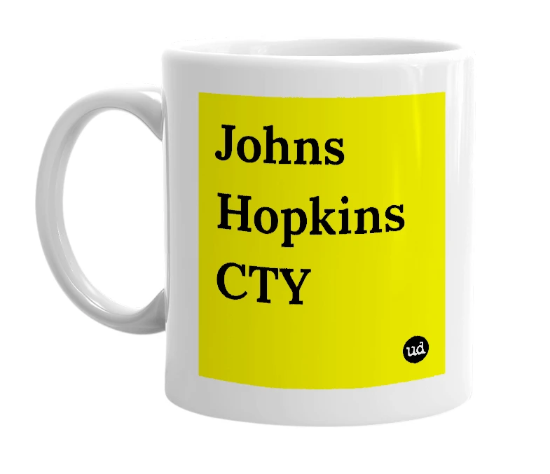 White mug with 'Johns Hopkins CTY' in bold black letters