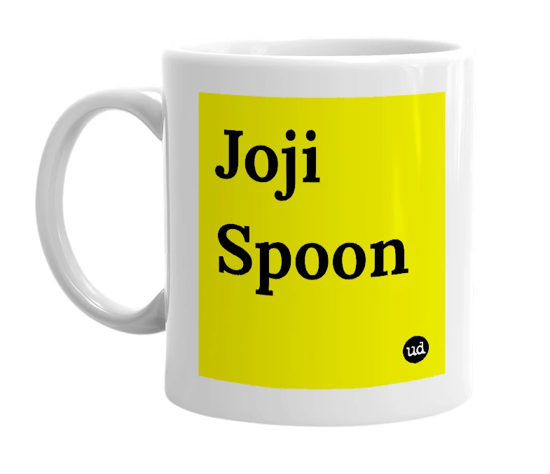 White mug with 'Joji Spoon' in bold black letters