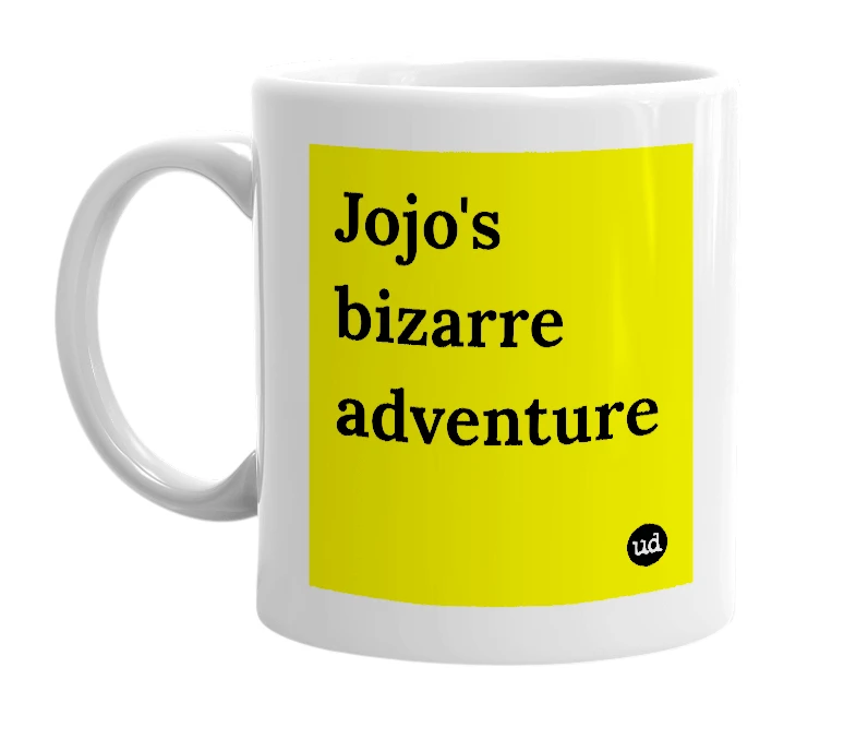 White mug with 'Jojo's bizarre adventure' in bold black letters