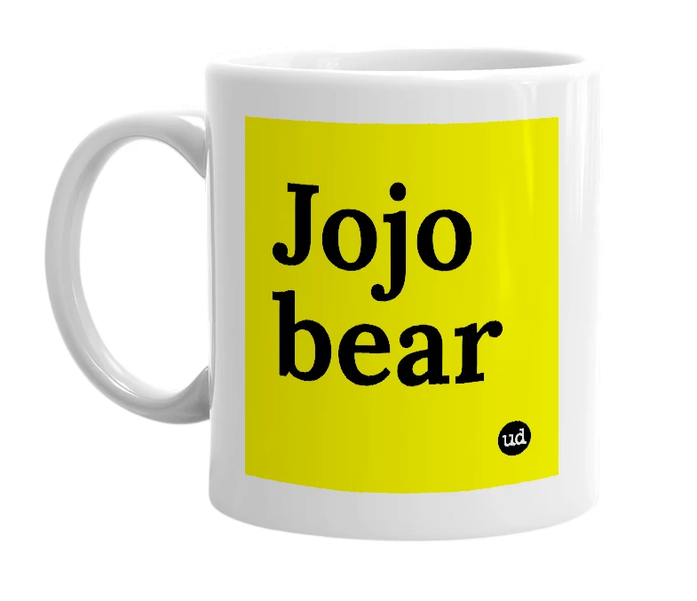 White mug with 'Jojo bear' in bold black letters