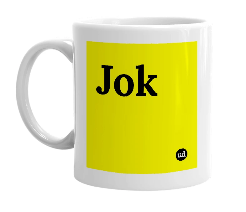 White mug with 'Jok' in bold black letters