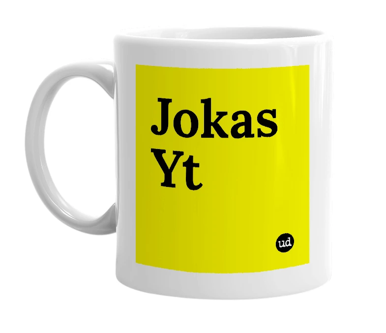 White mug with 'Jokas Yt' in bold black letters