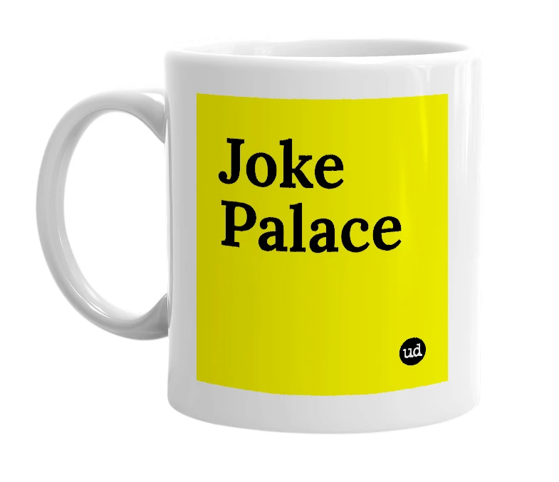 White mug with 'Joke Palace' in bold black letters