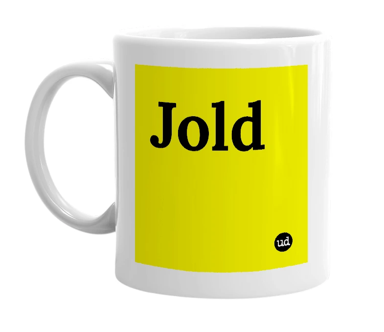 White mug with 'Jold' in bold black letters