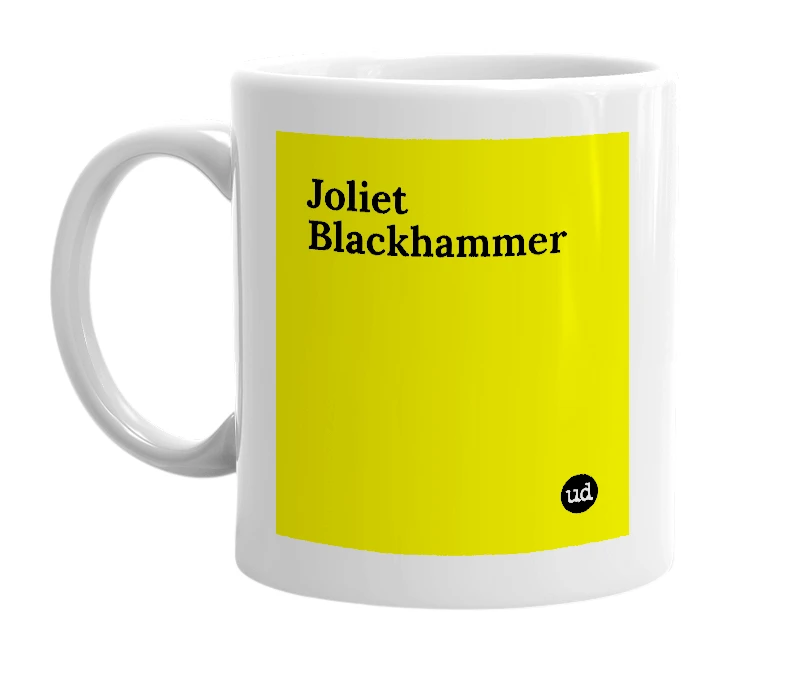 White mug with 'Joliet Blackhammer' in bold black letters