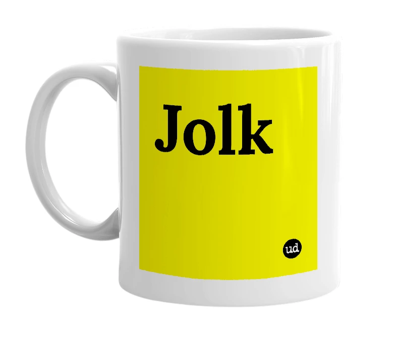 White mug with 'Jolk' in bold black letters