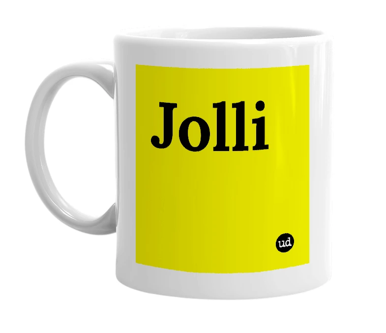 White mug with 'Jolli' in bold black letters