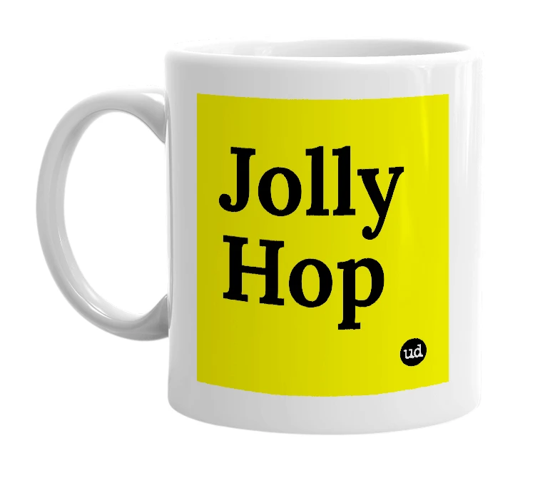 White mug with 'Jolly Hop' in bold black letters
