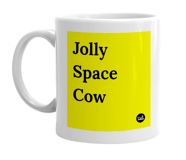 White mug with 'Jolly Space Cow' in bold black letters