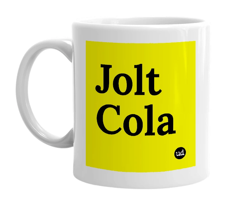 White mug with 'Jolt Cola' in bold black letters