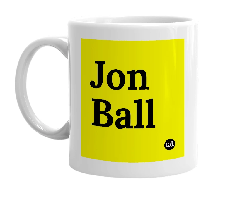 White mug with 'Jon Ball' in bold black letters