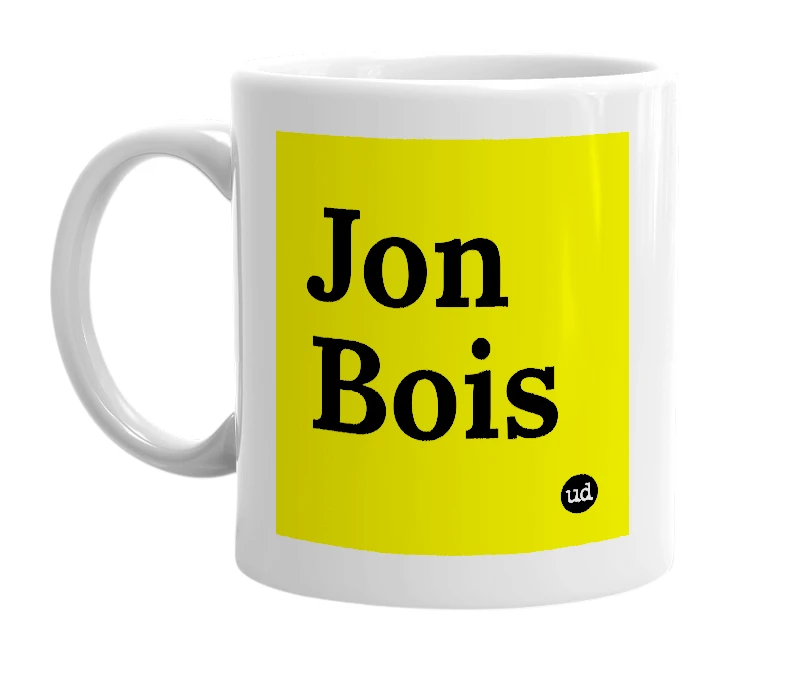 White mug with 'Jon Bois' in bold black letters