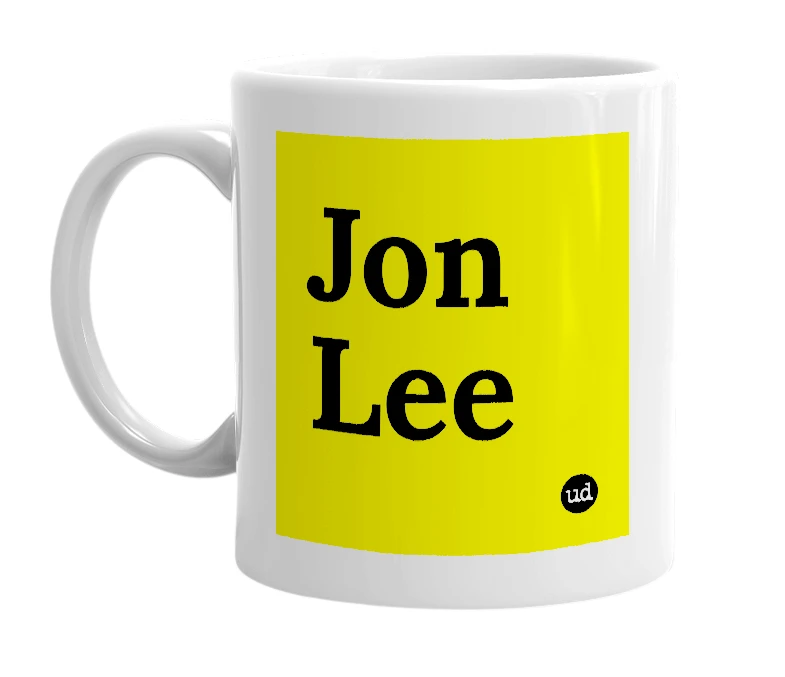 White mug with 'Jon Lee' in bold black letters