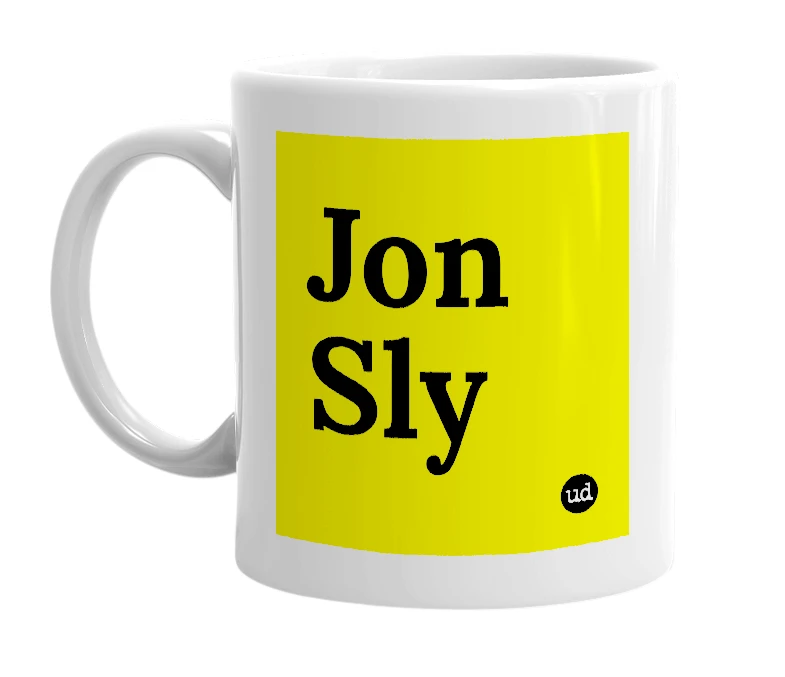 White mug with 'Jon Sly' in bold black letters