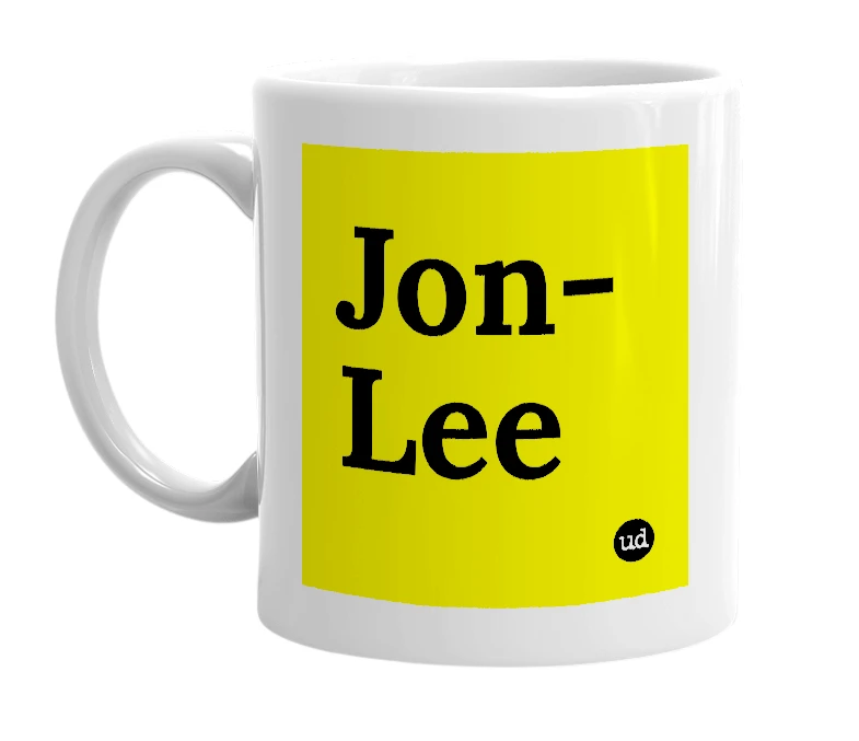 White mug with 'Jon-Lee' in bold black letters