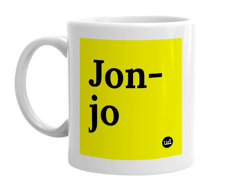 White mug with 'Jon-jo' in bold black letters