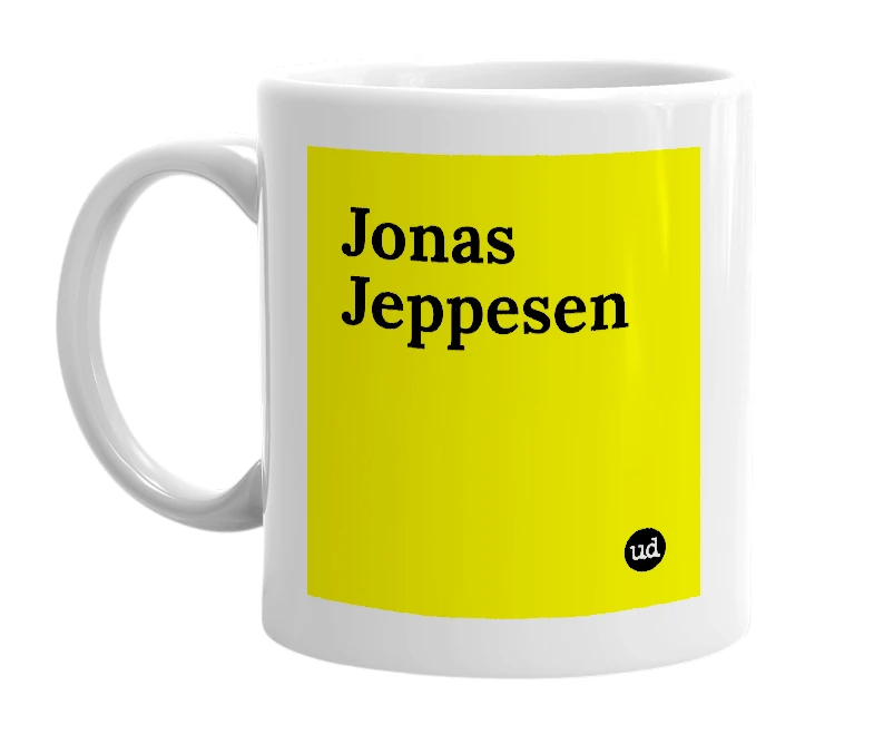 White mug with 'Jonas Jeppesen' in bold black letters
