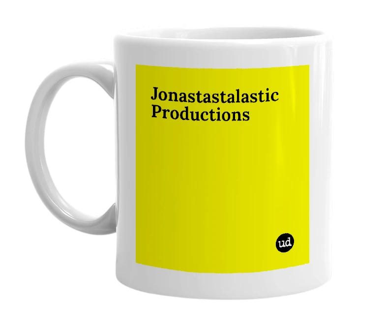 White mug with 'Jonastastalastic Productions' in bold black letters