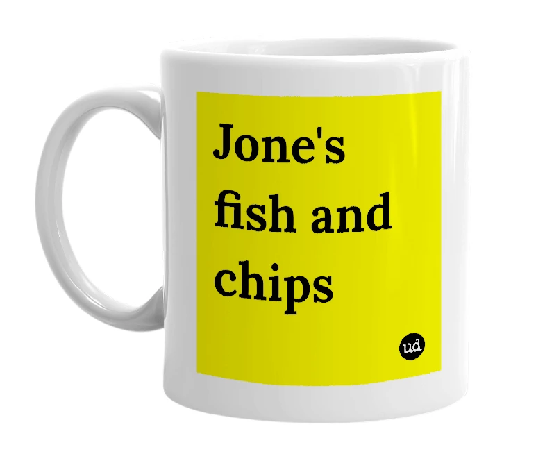 White mug with 'Jone's fish and chips' in bold black letters
