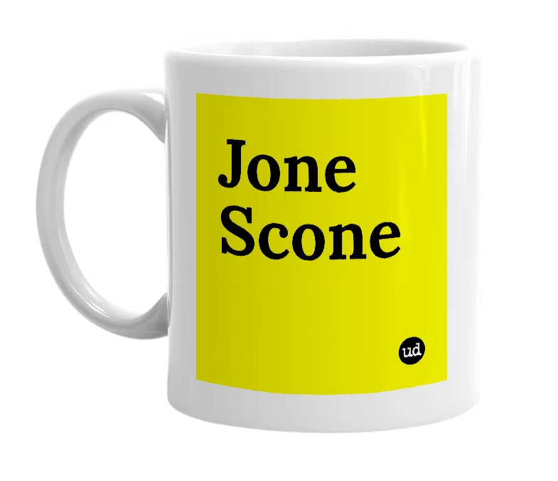 White mug with 'Jone Scone' in bold black letters