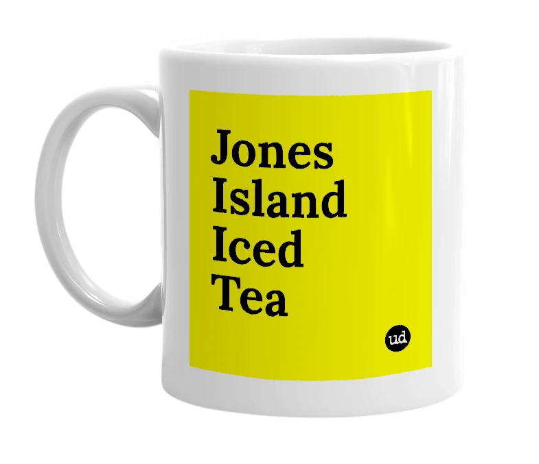 White mug with 'Jones Island Iced Tea' in bold black letters