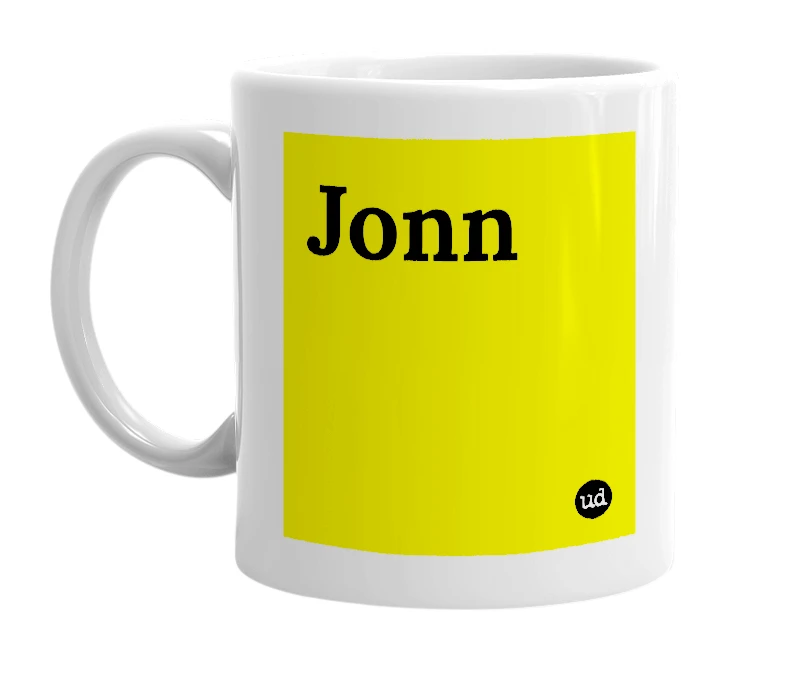 White mug with 'Jonn' in bold black letters