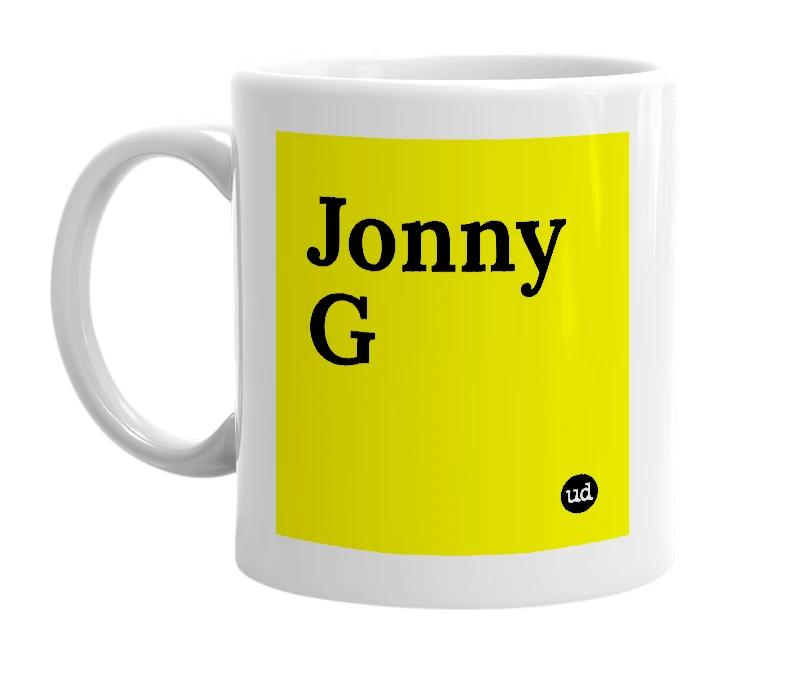 White mug with 'Jonny G' in bold black letters